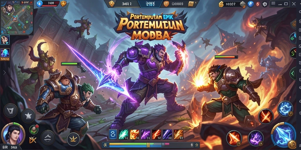 Tampilan gameplay epik dalam 34R dengan strategi MOBA intens.