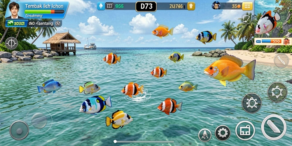 Screenshot D73 menampilkan keseruan saat menembak ikan-ikan berwarna-warni.