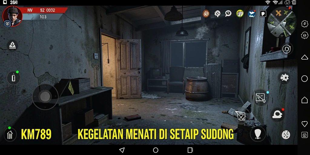 Screenshot gameplay KM789 menampilkan suasana kegelapan dan ketegangan.