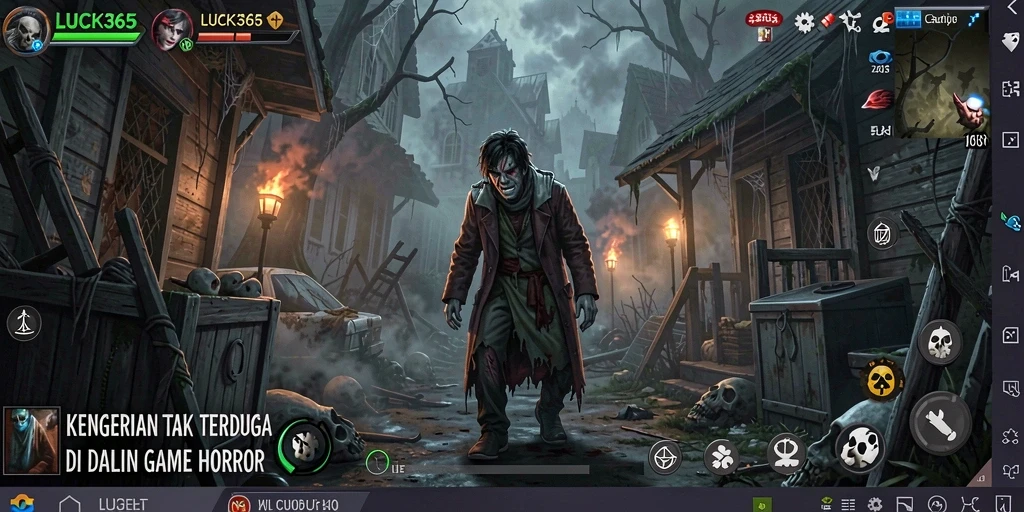 Screenshot gameplay LUCK365 menampilkan momen menegangkan dalam suasana horor.