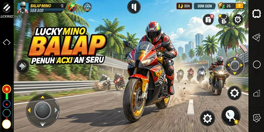 Tampilan gameplay <strong>LUCKYMINO</strong> yang penuh aksi balap motor.