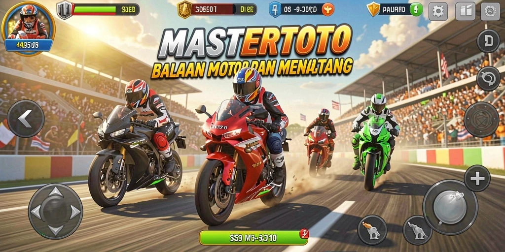 Tampilan gameplay seru dalam MASTERTOTO dengan motor balap.