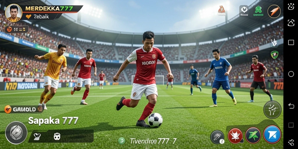 Tampilan gameplay sepak bola yang seru dalam MERDEKA777.