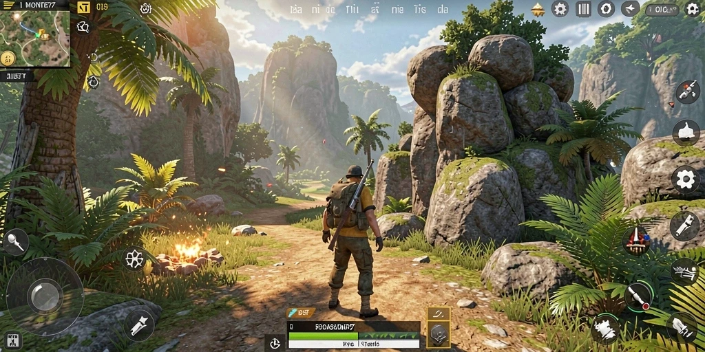 Screenshot gameplay MONTE77 menunjukkan petualangan di dunia terbuka yang luas.