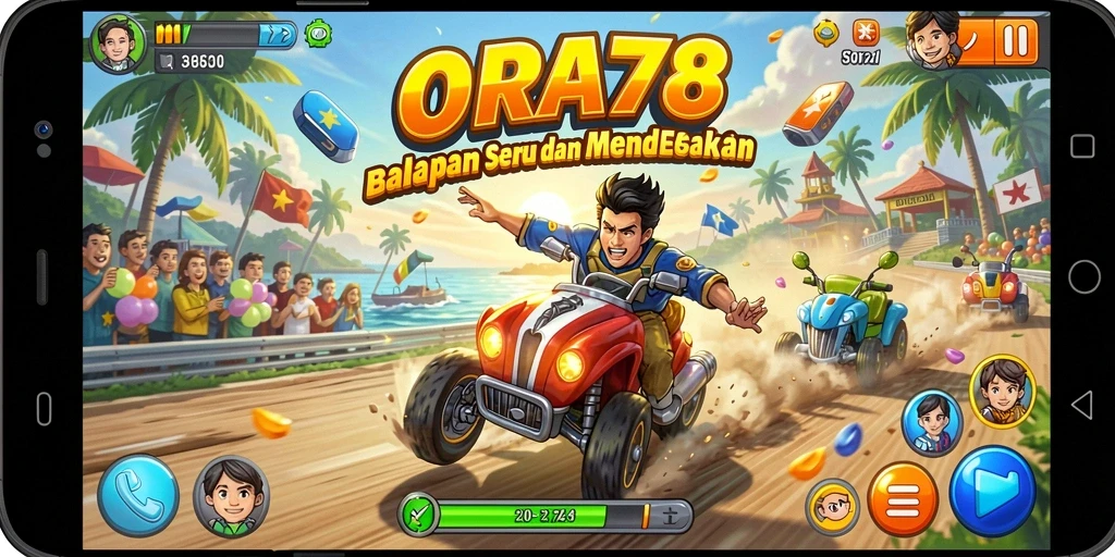 Gameplay ORA78 yang mendebarkan dengan mobil balap dan trek yang menarik.