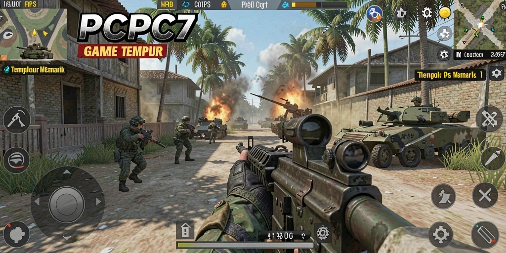 Tampilan gameplay PCPC7 yang mendebarkan di lingkungan tempur yang realistis.