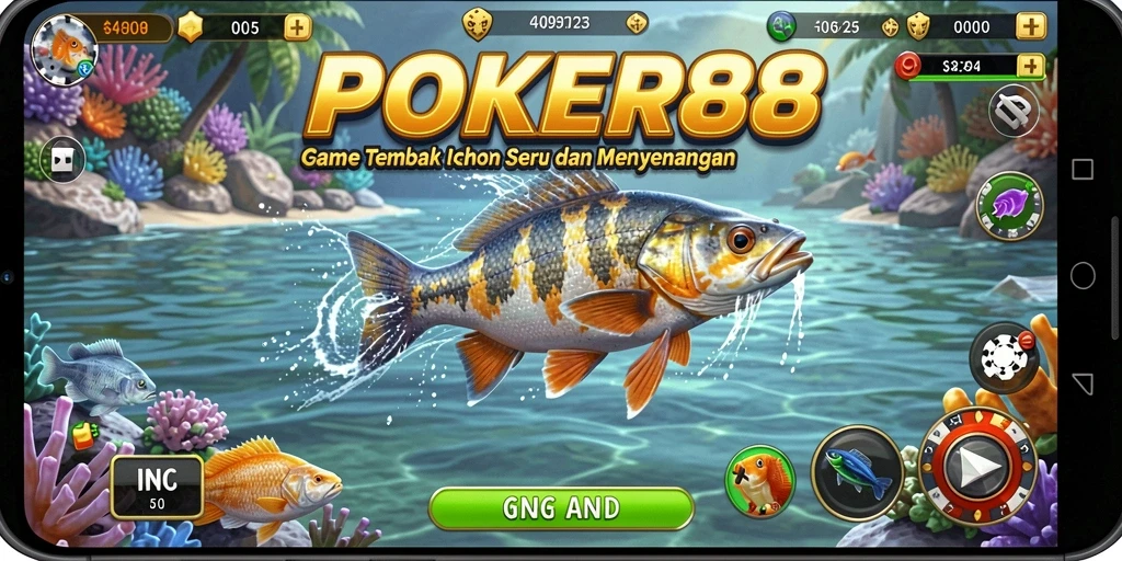 Screenshot utama POKER88 menampilkan pemain menangkap ikan dengan senjata.