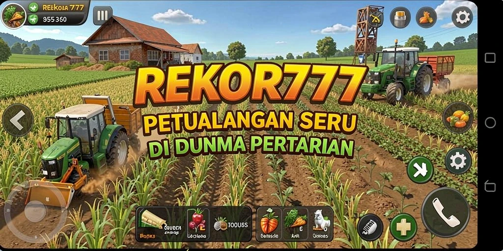 Tampilan gameplay REKOR777 dengan ladang pertanian yang subur dan hewan ternak.