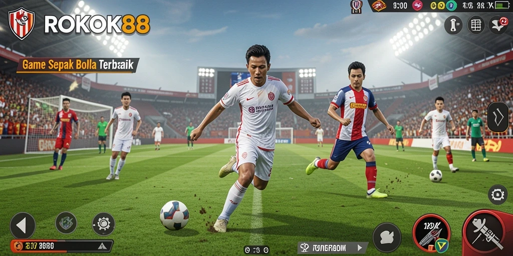 Screenshot gameplay ROKOK88 dengan aksi sepak bola yang mendebarkan.