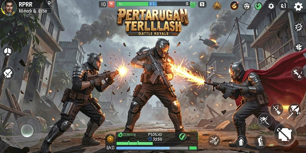 Tangkapan layar utama RPRR menampilkan aksi pertarungan Battle Royale yang intens.