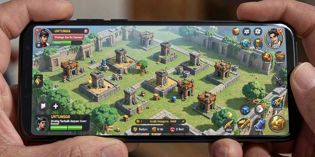 Gameplay UNTUNGGO menampilkan strategi menara dalam aksi melawan gelombang musuh.