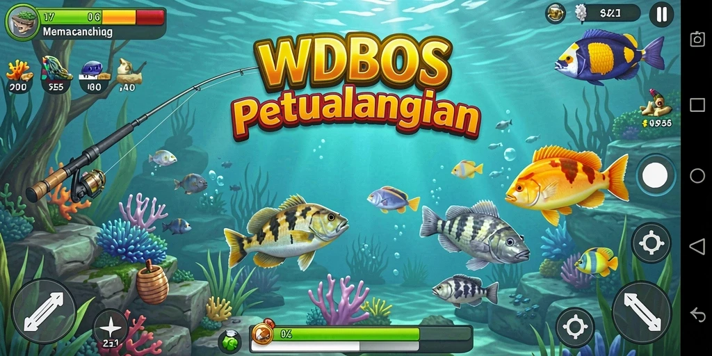 Gameplay WDBOS yang menampilkan petualangan memancing penuh warna.