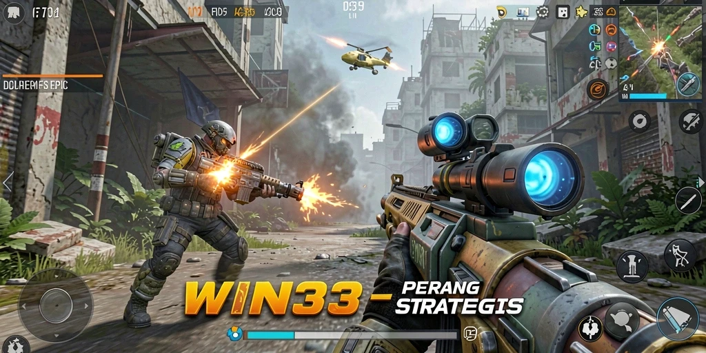 Tampilan gameplay WIN33 dengan aksi tembak-menembak yang intens.